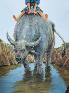 Hmong girl with water buffalo